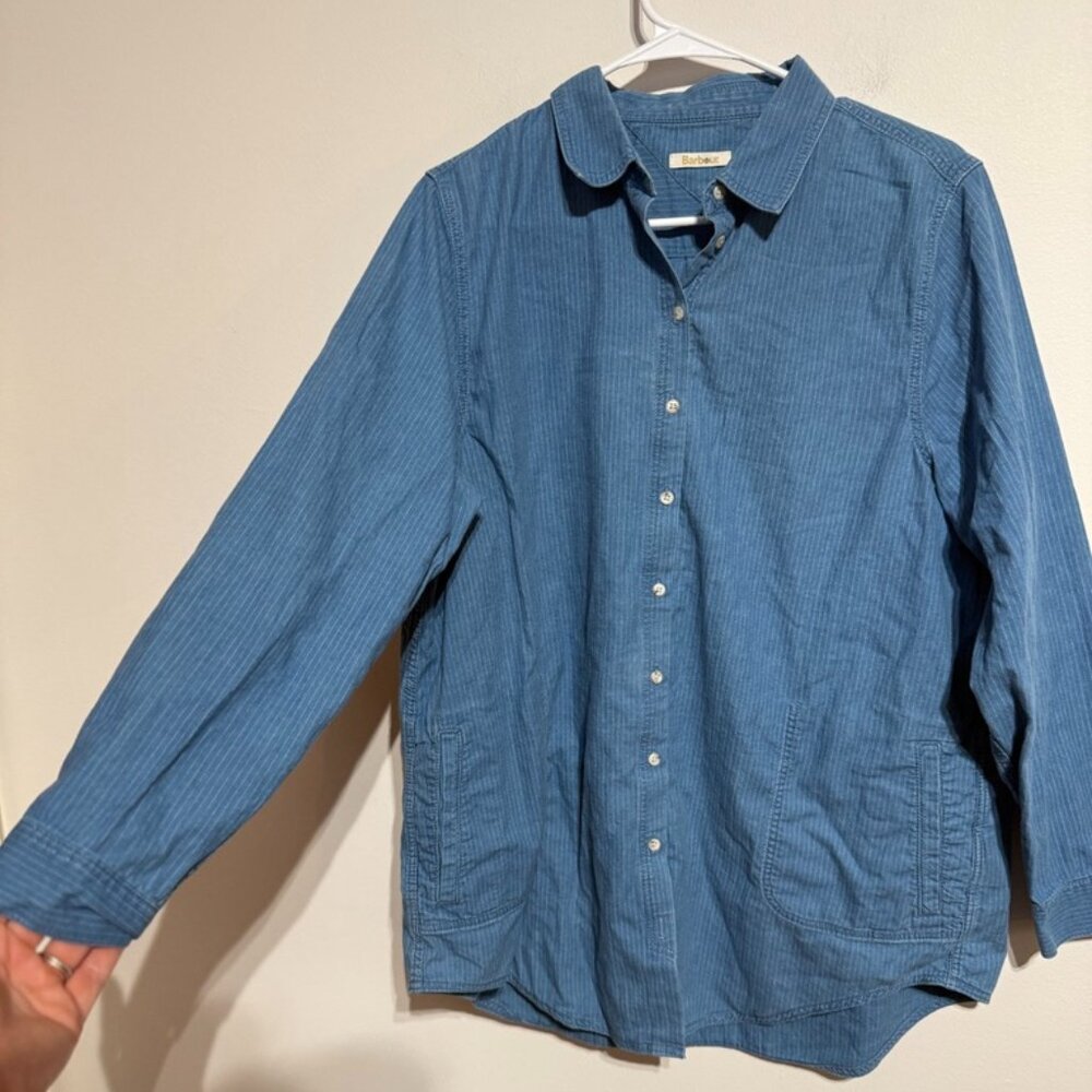 Barbour Blue Pin Stripe Cotton Button Down Work Shirt, Size 12